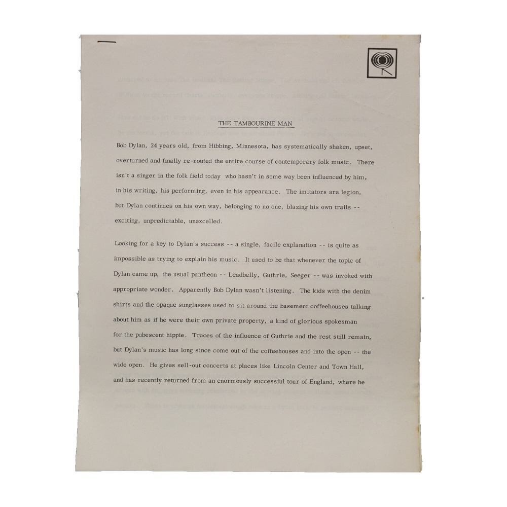 Dylan, Bob -- Columbia Records July, 1965 Press Release [Ephemera Other]
