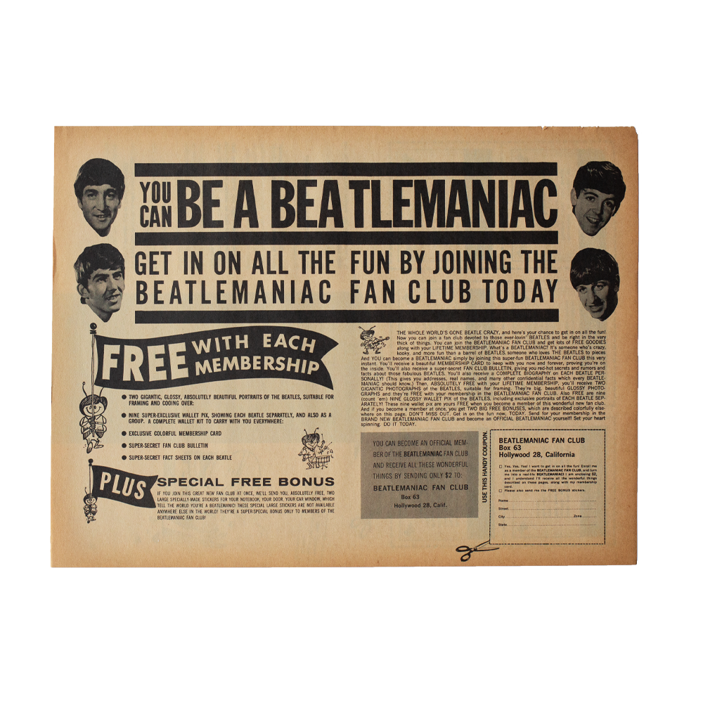 The Beatles -- 1964 Beatlemaniac Fan Club Ad [Ephemera Other]