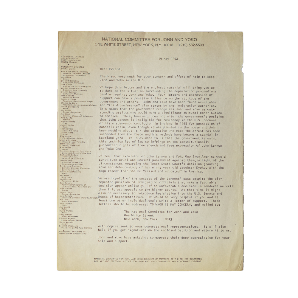 Lennon_Ono -- National Committe Immigration [Miscellaneous Ephemera]
